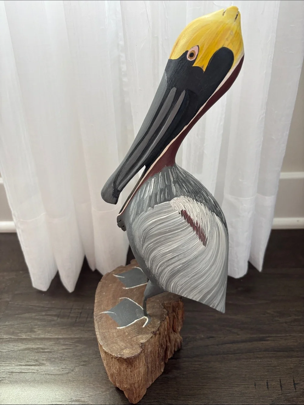 Casa Fernandez Vintage Hand Carved Hard Wood Painted perched Pelican,driftwood